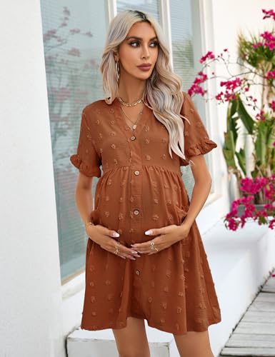 KOJOOIN Womens Maternity Swiss Dot Dress Summer V Neck Short Sleeve Button Down Mini Dress Baby Shower Photoshoot2