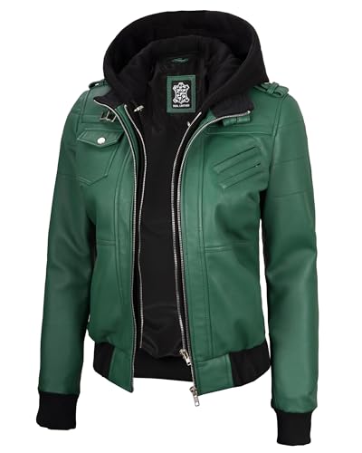 Decrum Disc Womens Leather Biker Jackets - Hooded Leather Jacket | [1326983] Edinburgh Green M