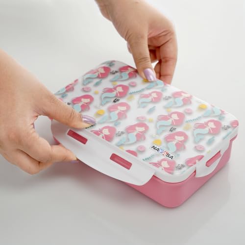 Image of Nayasa Camp 2 Compartment BPA-Free Plastic Lunch Box for Kids Girls | Mermaid Print | Leak Proof Clip Lock | Pink