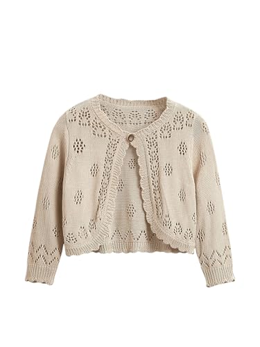OYOANGLE Girl's Long Sleeve Hollow Out Cardigans Crew Neck Scallop Trim Shrug Sweater