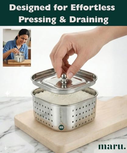 Image of MARU Steel Paneer Maker Box 600ml, Square Shape Paneer Press with Lid, Tofu Press Mould, Whey Separator Channi, Healthy Homemade Paneer /Tofu /Sprouts Maker, Durable & Easy to Clean (12x12x5.5 cms)