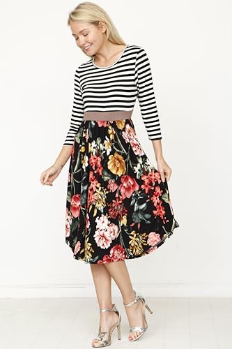 Image of Eloges Women's 3 /4 Sleeve Contrast Waist Band Floral Curved Hem Midi Dress