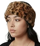 Funky Junque Fuzzy Headbands for Women – Fluffy Faux Fur Ear Warmer Head band, Warm Winter Furry Ear Muff Head Wrap Cozy Fit - Leopard - Latte