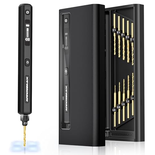 AM ARROWMAX Mini Electric Drill Pen, 5-Speed, 10 Titanium-Coated Steel Bits, LED Lights, OLED Display, 5V USB-C,(SDS), Black SDS-BLACK
