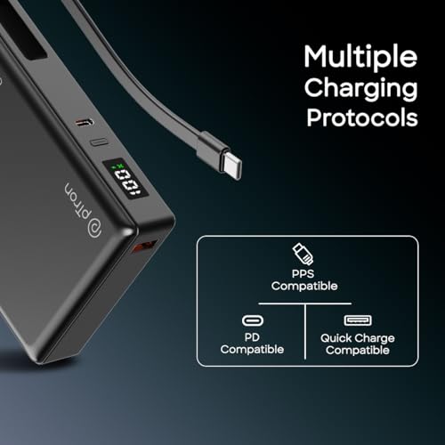 Image of pTron Dynamo Sprint 20000mAh Power Bank w /Built-in Charging Cable, 35W Super Fast Charging, USB Type-C Input Powerbank Compatible with QC3.0 /PD3.0, 3 Charging Outputs, Type-C Input /Output Port(Black)