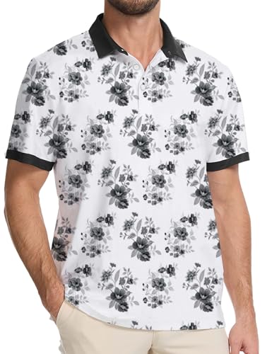 Actflare Golf Shirts for Men Dry Fit Moisture Wicking Short Sleeve Performance Print Polo Shirts Ink Flower,XL