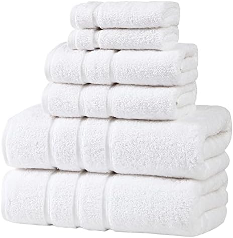 Luxury 100% Cotton White Towels for Bathroom, White Cotton Absorbent Turkish Luxury Bath Towels Sets of 6 Pieces, Premium Large Plush Towel Sets White SPA Towels, Classic Thick Hotel Shower Towels