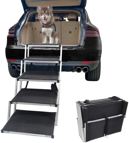 Petshug 5 Steps Aluminum Sturdy Pet Ramp Stairs for Large Dogs, Folding Lightweight Dog Steps with Increased Nonslip Surface for Trucks, Cars, SUV and High Beds, Portable Ladder Supports Up to 150 Lbs
