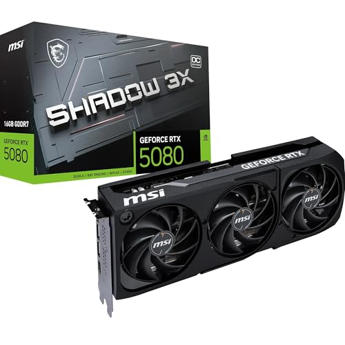 MSI NVIDIA GeForce RTX 5080 16G Shadow 3X OC Carte Graphique -16 Go GDDR7 (30 Gb/s/256 Bits), PCIe 5.0, Triple Ventilateur (3X Ventilateurs TORX 5.0) - HDMI 2.1b x 1, DisplayPort 2.1b, SFF Ready