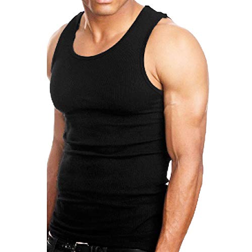 Goyoma 3 Packs Mens 100% Cotton Tank Top White/Black Wife Beater A-Shirt Undershirt (S, Black)4
