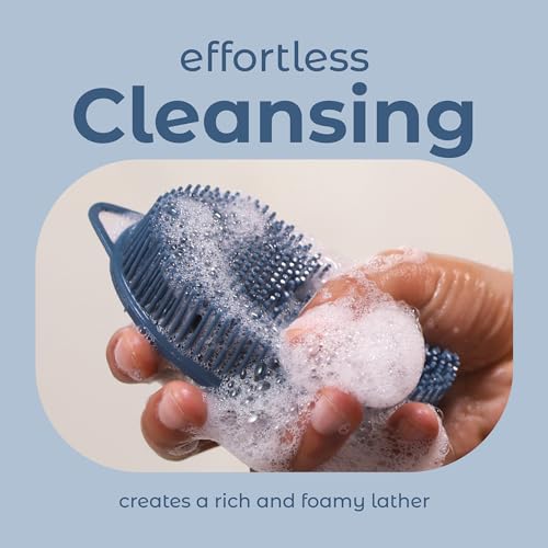 Image of MainBasics Exfoliating Silicone Body Scrubber Pro 2-in-1 Shower Scrubber for Body, Silicone Loofah and Body Exfoliator (Dark Blue, Body + Exfoliate)