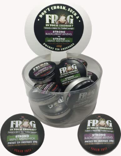 Simpkins Sugar Free Frog in Your Throat Strong Mint Menthol & Strong Blackcurrant Pocket tin Lozenges 14 x 40g TINS Full Box