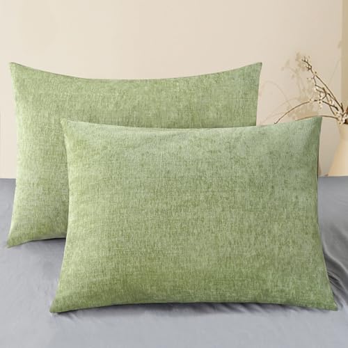 Image of CaliTime Pack of 2 Cozy Standard Pillow Shams Cases for Bed Bedding Decoration Solid Dyed Soft Chenille 20 X 26 Inches Sage