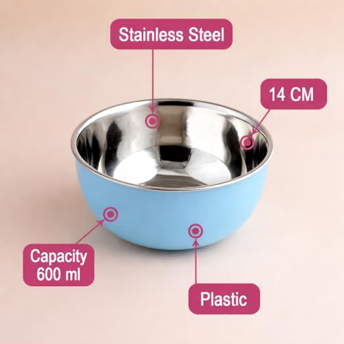 Image of Zaib Stainless Steel and Plastic Coated Microwave Safe Bowls | Multipurpose Storage Containers | No Lid | Capacity - 500 ML (14 CM- 6 Pcs Blue)