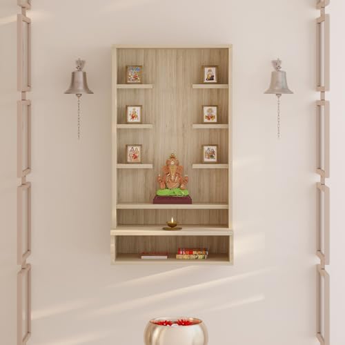 Image of BLUEWUD Shubh Mini Wall Mount Wooden Mandir for Home, Temple for Home, Pooja Stand with Storage Shelves for Idold & Frames, Compact Mandir Temple Unit for Shops & Office (DIY - European Oak)