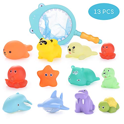 HellDoler Juguetes de Baño,13 Juguetes de Natación Playa Red de Pesca Juguetes Flotantes para Niño y Bebé Juego de Pesca