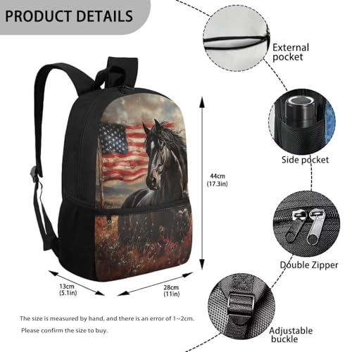 Horse Kids Boys Backpack US Flag Roomy Schoolbag for Kids Education Personalized Versatile Backpack with Adjustable Padded Strap for 1st-6th Grade4