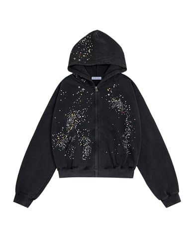 Aelfric Eden Star Rhinestone Zip Up Hoodies Womens Mens Casual Hooded Jackets Unisex Loose Crystal Y2K Pocket Sweatshirts Black S