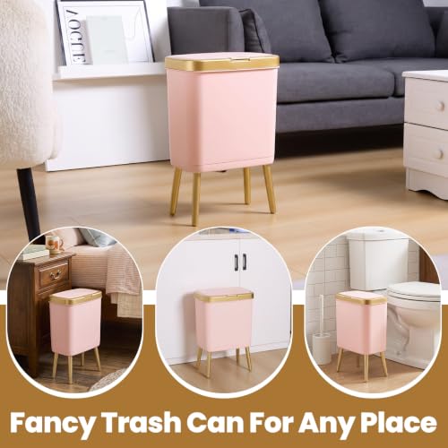 Image of Trash Can with Lid,Pink and Gold Garbage Can Bathroom,4 Gal,Slim