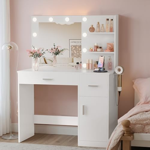 Image of YESHOMY 35.4 inch Vanity Desk with Mirror & Lights, Power Outlet,Fresh White