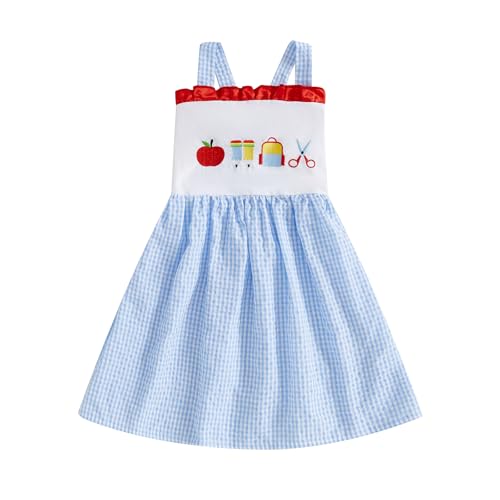 Little Girls Back to School Straps Dress Summer Ruffle Seersucker Gingham Smocked Dress First Day of School Outfit