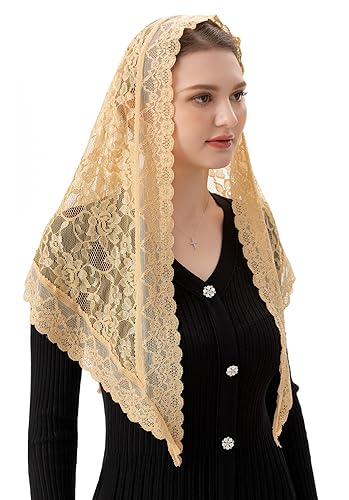 PAMOR Veils for Church Catholic Triangluar Scarf Embroidered Chapel Veil Head Covering Latin Mass Mantilla (Gold) - Thumbnail 2
