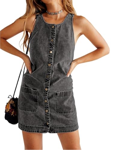 Image of Yousify Womens Casual Sleeveless Denim Overalls Dresses Button Down Summer Jean Mini Dress 2025 Trendy Romper With Pockets