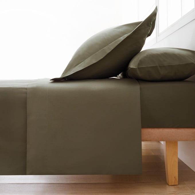 Juego Sabanas Cama 90 3 Piezas. Sabanas Lisas 100% Poliester Suave Micro Saten Premium. Set Sabanas Encimera, Bajera Ajustable y Funda Almohada. Color Kaki. Cama 90 cm