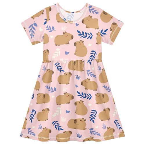 Cute Capybara Simple Flower Pattern Summer Girls Short Sleeve Dress Casual Dresses Beach Sundress for 2-8 Years