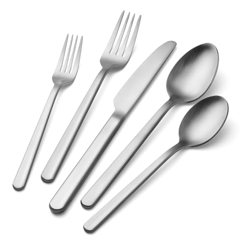 KINGSTONE Forged Silverware Set, 20 Piece Flatware Set for 4, 18/10 Stainless Steel Silverware Utensils Set, Matte Satin Finish Dishwasher Safe(Matte Silver)