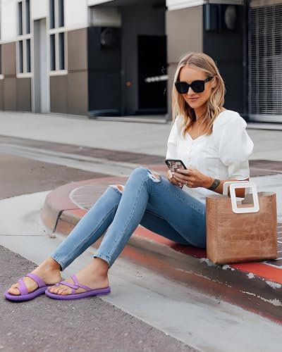Image of ONCAI Women's Slide Sandals Trendy Square Summer Flat Dressy Sandals for Women 2025 Cross Strappy Open Split-Toe Ring with Slip-on Rubber Soles