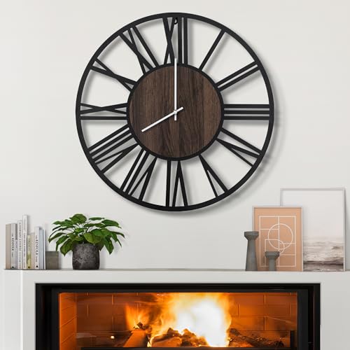 LEIKE Large Wall Clocks,Silent,Non Ticking,Battery Operated Rustic Round Modern Big Wood Wall Clock for LEIKE Large Wall Clocks,Silent,Non Ticking,Battery Operated Rustic Round Modern Big Wood Wall Clock for Living Room, Bedroom,Kitchen,Farmhouse,Office,Home Decor-16 Inch(Black-Roman Numerals)