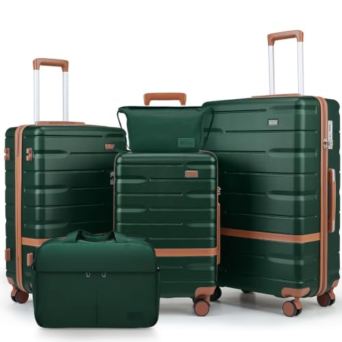 Image of NEISIA Luggage Sets with TSA Lock Hardside PC+ABS Carry On expandable Suitcase with Spinner Wheels Lightweight Rolling Travel Luggage Sets with YKK (Dark Green(N), 5 piece sets(20 /24 /28 /DB /TB)