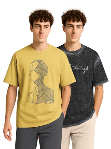 Image of BULLMER Trendy Half Sleeve Oversized Cotton Blend Crew Neck Tshirt for Men - Pack of 2