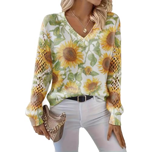 Womens Graphic Sweaters Trendy Casual V Neck Long Sleeve Fall Pullover Tops Oversized Soft Knit Hollow Out Jumper