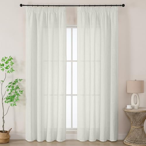 Joydeco Rideau Voilage Lin Naturel avec Galon Fronceur sur Rail 140x260cm 2 Panneaux, Rideaux Voilages Blancs Hauteur 260cm pour Decoration Intérieure de...