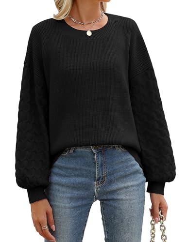 heekpek Jersey Punto Mujer Cuello Redondo Suave Sueter Mujer Manga Larga de Linterna Cálido Suelto Jersey Mujer Otoño Invierno Elegante, Negro, M