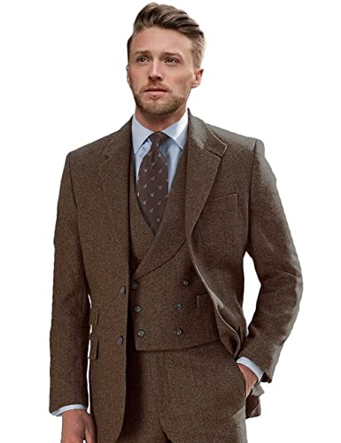 Wangyue Wool Suits For Men Herringbone Tweed Suits Double Breasted Suits Regular Fit Big And Tall Brown Retro Suit Size 50 #TOP24