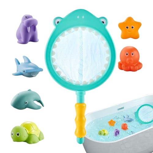 Bathtub Animal Toys, Floating Water Play Set, Colorful Handheld Catch Activity, Interactive Fishing Net Game for Fun, Toddler, Bath, Entertainment, 11.02×0.98×5.71 inches