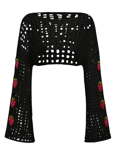Image of SHENHE Women's Strawberry Top Y2k Knit Shrug Sweater Crochet Crop Hollow Out Long Sleeve See Through Sweater Tops