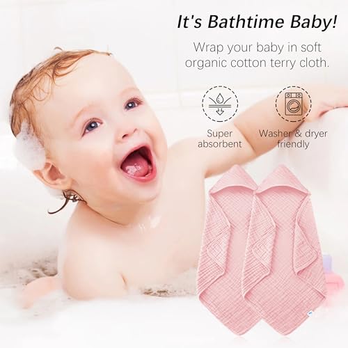 Image of SWEET DOLPHIN Muslin Hooded Baby Bath Towels - 2 Pack 100% Cotton Towel for Babies, Infants, Toddlers - 32x32Inch - Highly Absorbent and Newborn Essential, Pink