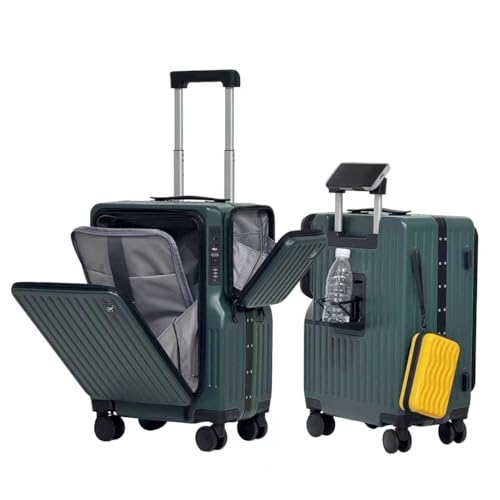 Carry On Luggage Airline Approved, 20 Inch Aluminum Frame PC Hardside Suitcase with Front Compartment & Cup Holder, TSA Lock, 360° Silent Spinner Wheels, Multi-Compartment Travel Luggage(Dark Green)