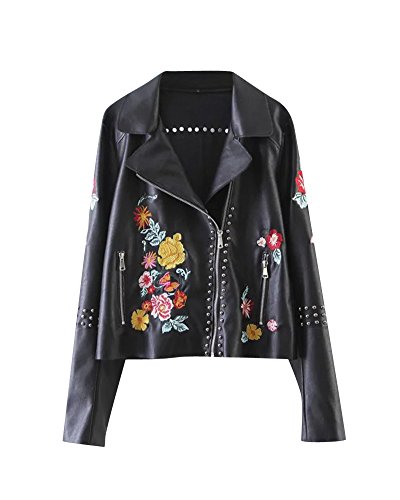 PengGeng Chiodo Ecopelle Giacca Giacchetto Ricamo Fiori Giubbino Giubbotto Corto