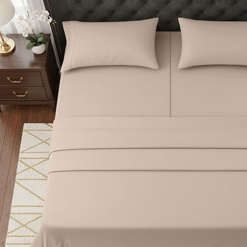 Image of Elegant Comfort Luxurious 1500 Premium Hotel Quality Microfiber Three Line Embroidered Softest 5-Piece Bed Sheet Set, Wrinkle and Fade Resistant, Split King, Cream