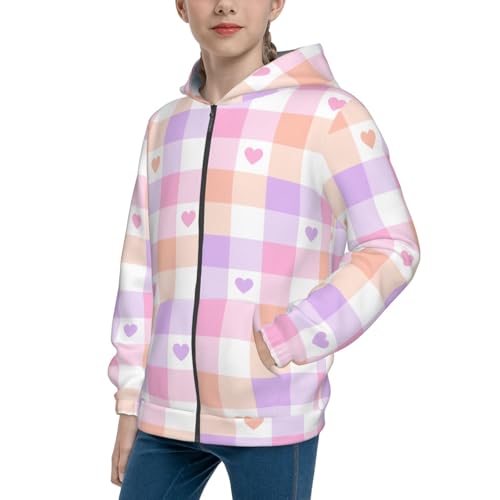 Heart Buffalo Plaid Kids Pullover Hoodies Boys Zip Up Sweatshirts Girls Athletic Clothes with Pocket