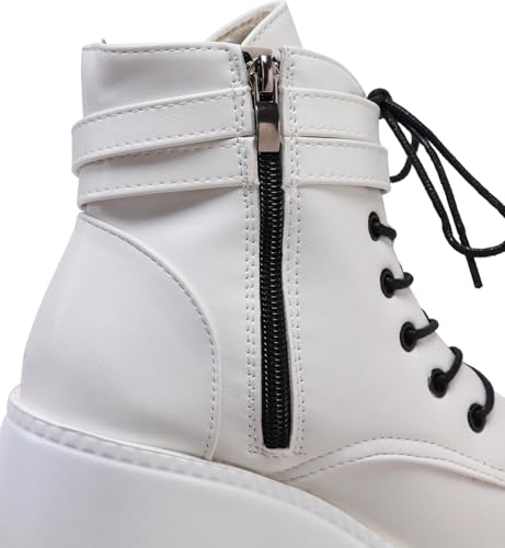 Image of Womens Goth Platform Boots Chunky High Heel Booties Round Toe Combat Ankle Boots Womens Lace Up Motorcycle Wedges Shoes