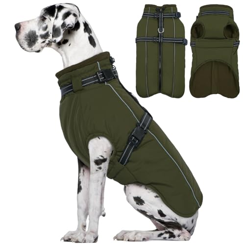 Lelepet Großer Hundemantel mit Geschirr – warme, wasserdichte Fleecejacke, Winter, reflektierende Weste, Schneeanzug für Labrador, Armeegrün, Größe XXL
