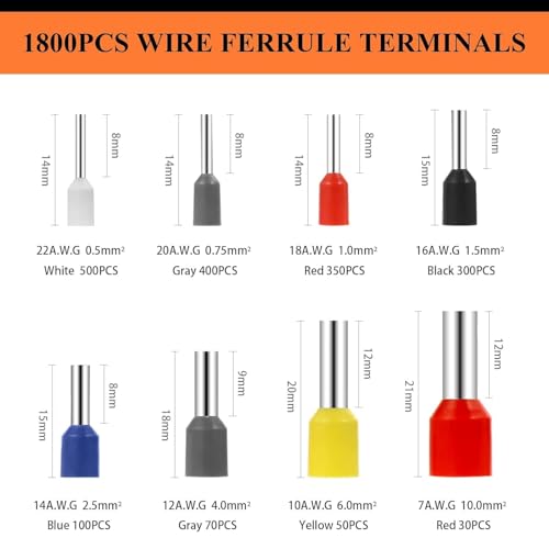 Image of 1800PCS Wire Ferrules Kit Multi-functional Assorted Insulated Electrical Wire Connectors Wire Crimp Terminals Assortment Set Wire Connector Crimp Terminal (1800pcs, Multicolor)
