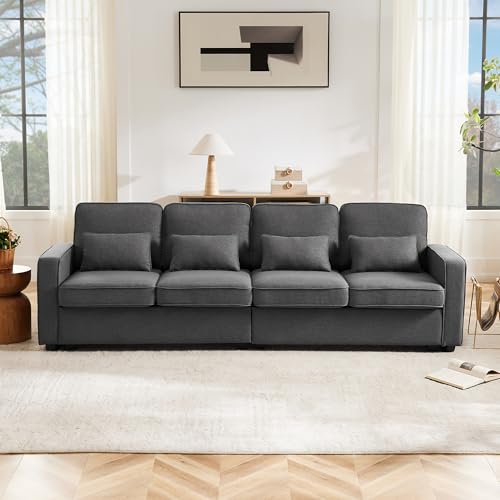Sofá moderno de 4 plazas con reposabrazos bolsillo lateral 4 cojines sofá tela de lino para sala de estar apartamento oficina habitación sofá juvenil con respaldo gris oscuro