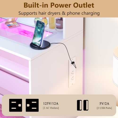 Image of HUAHUU Makeup Vanity Desk with Mirror and Lights, White Vanity with Storage Chair, Transparent Top Vanity with RGB Drawers, 6 Shelves, Charging Station, for Bedroom